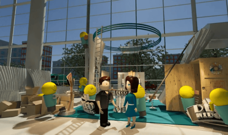 A digital mixed media marketing image shows a cartoon couple and smiley face workers assembling a trade show booth design